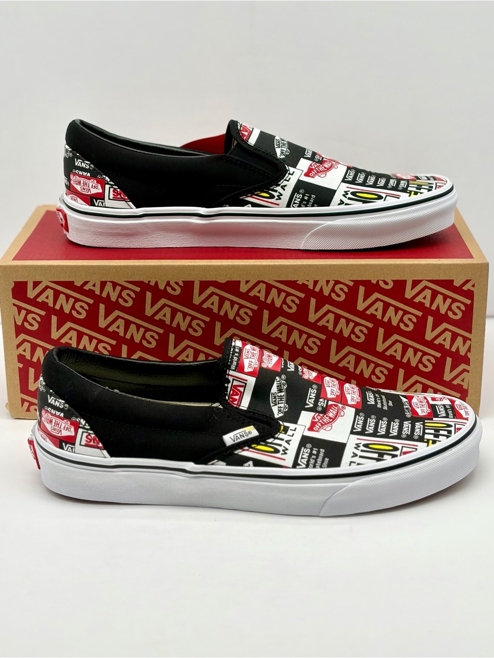 Vans Slip-On Sneakers in Black White and Red Sticker Print Unisex - Picture 2 of 10